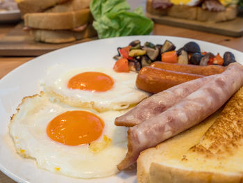 Close-up of breakfast served on table. morning fresh food american recipe style