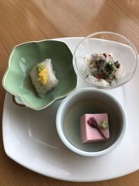 High angle view of dessert in plate on table