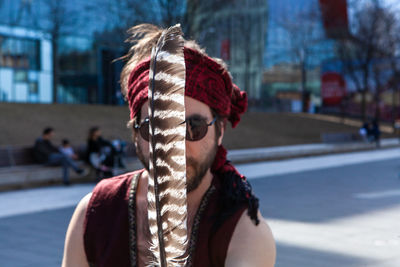 Portrait of woman in city