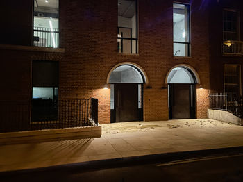 Door entrances lit up at night