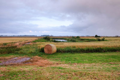 Scenic view of field against cloudy sky