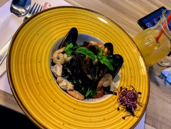 High angle view of food in plate on table