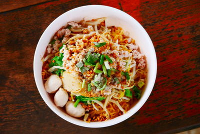 High angle view of noodles in bowl on table