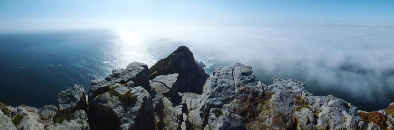 High angle view of rocks in sea against sky