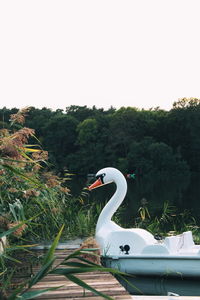 Swan shaped pedal boat in lake against clear sky