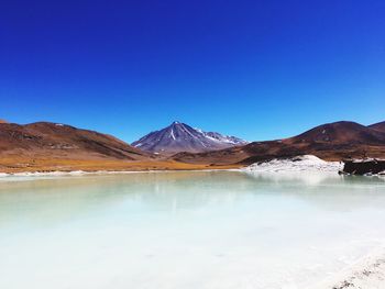 Scenic view of lake and mountains against clear blue sky