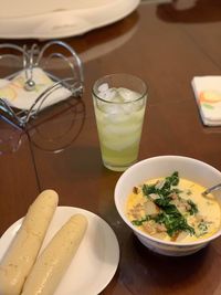 High angle view of breakfast served on table