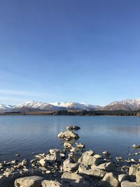 Scenic view of lake against blue sky