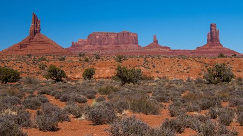 Scenic view of rock formation against clear blue sky