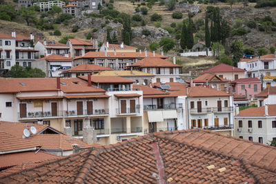 High angle view of houses in town