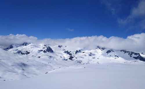 Scenic view of snowcapped mountains against sky