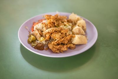 High angle view of food in plate on table