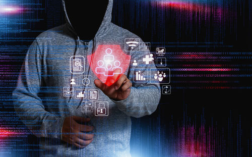 Digital composite image of man using mobile phone