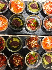 High angle view of various food on table