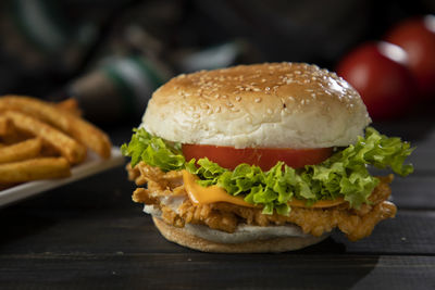 Close-up of burger on table