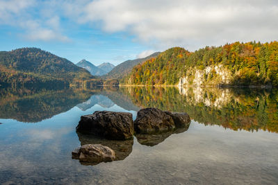 Scenic view of lake and rocks against sky