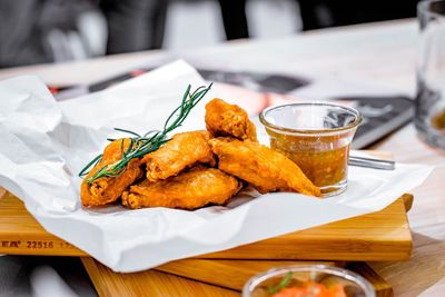 Close-up of food served on table