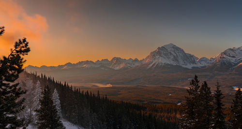 Scenic view of snowcapped mountains against sky during sunset