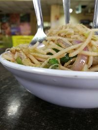 Close-up of soup in bowl on table