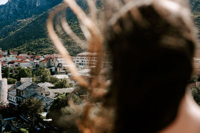 High angle view of trees and buildings in town