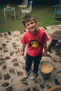 High angle view of cute boy playing