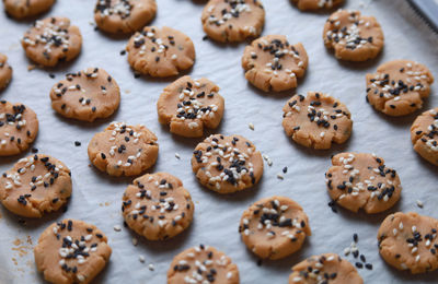 High angle view of cookies on table