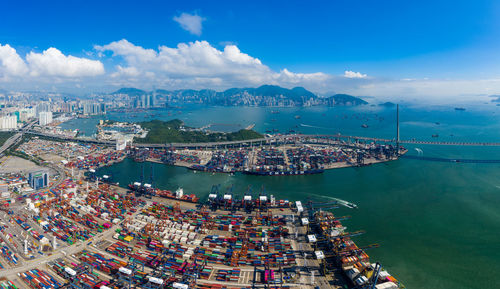 High angle view of commercial dock against sky