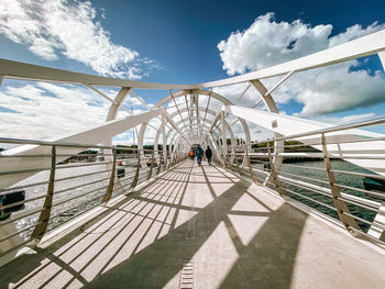 People walking on footbridge against sky