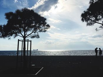 Silhouette tree on beach against sky