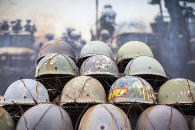 Close-up of old helmets