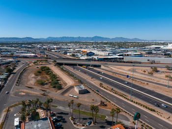 High angle view of cityscape against clear sky