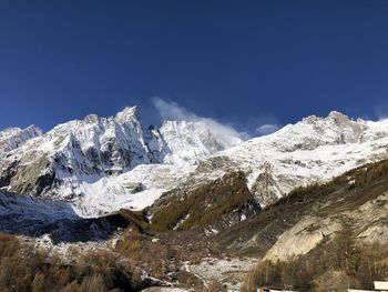 Scenic view of snowcapped mountains against clear blue sky