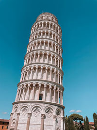 Low angle view of historical building against clear blue sky