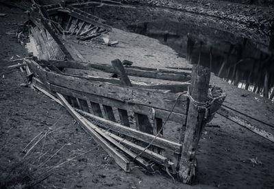 High angle view of abandoned wood