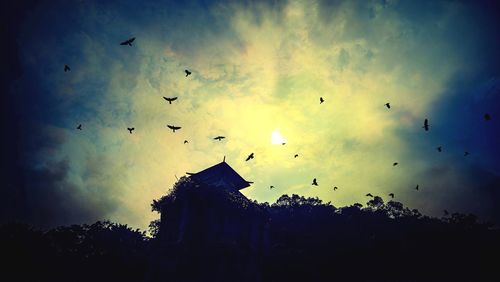 Low angle view of silhouette birds flying against cloudy sky