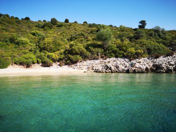 Scenic view of sea against clear blue sky