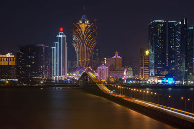 Illuminated city buildings at night