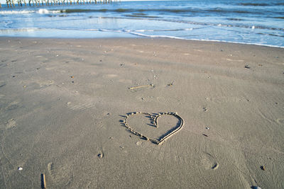 High angle view of text on sand at beach