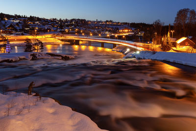 Kongsberg city in norway, long exposure night photography of the bridge and waterfall