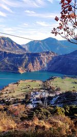 Scenic view of lake and mountains against sky