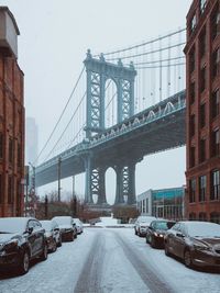 View of suspension bridge in city