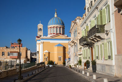Church of agios nikolaos on a street in ermoupoli, syros, greece