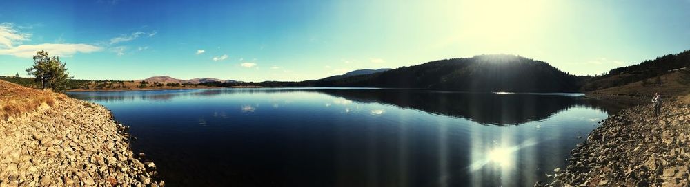 Panoramic view of lake and mountains against sky