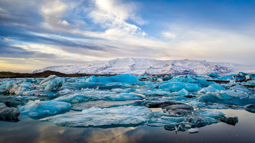 Scenic view of snowcapped mountains against sky