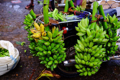 Green plantain bananas for sale in thihagoda market, southern sri lanka.