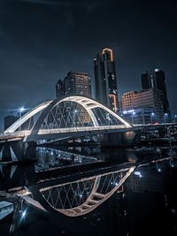 Illuminated bridge over river at night