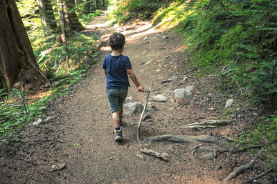 Boy walking on a nature trail with a stick