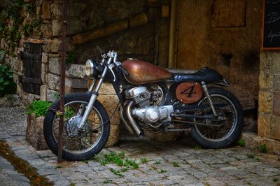 Bicycle parked against wall