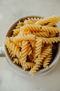 High angle view of pasta in bowl on table