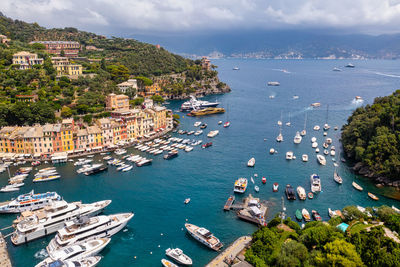 High angle view of boats in sea